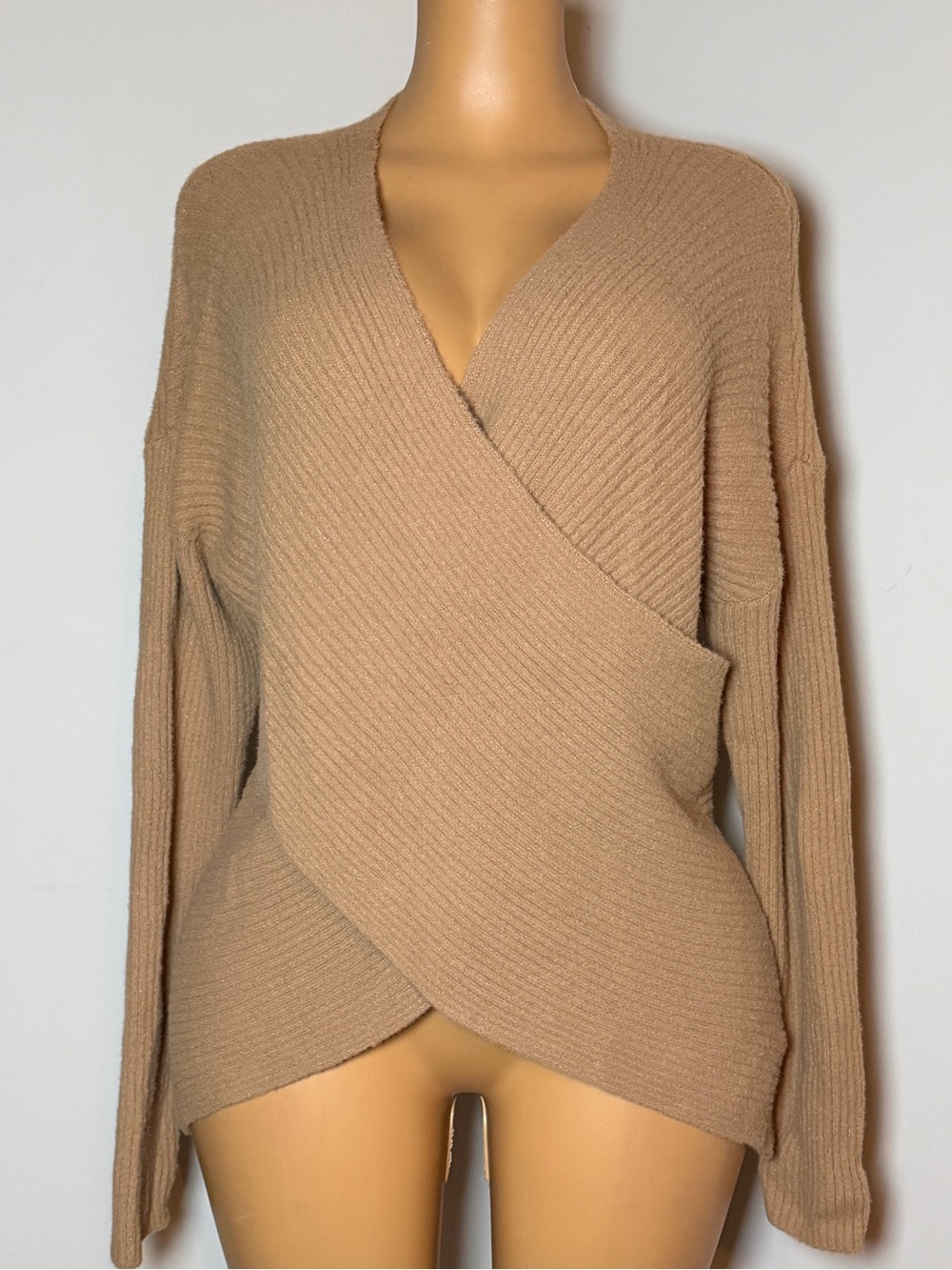 Express Cream Ribbed Wrap Tunic Sweater - Picture 2 of 7